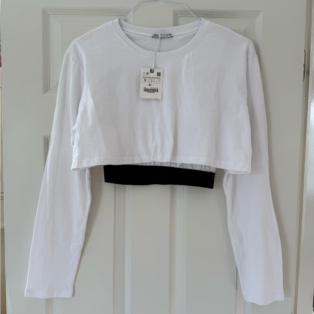 NWT Zara Long Sleeve White Crop Top with Liner and Elastic Band